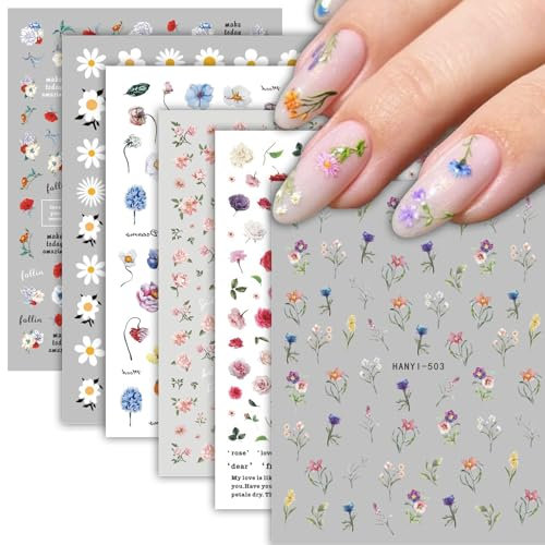 Nail Stickers, 9 Sheets Flower Nail Art Stickers Decals Self-Adhesive Spring Summer Floral Blossom Daisy Design Decoration Accessories (9 Sheets Flower)