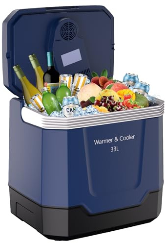 GarveeTech - 35 Quart Electric Cooler and Heater, Portable Car Cooler with Auto Lock Handle, 12V Car Refrigerator for Vehicles and Trucks, Cable