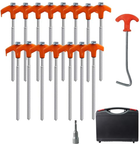 15 Pack Heavy Duty Screw Tent Pegs with Storage Box – 20cm Steel Ground Anchors for Hard Soil, Grass & Gazebo – Spiral Metal Camping Stakes for Outdoor, Festival & Garden
