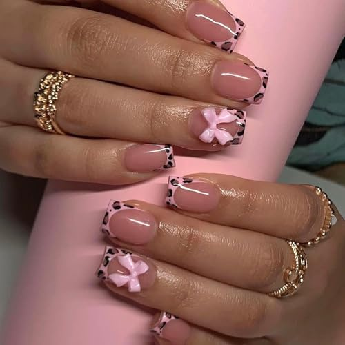 French Tip False Nails, Square Press On Nails Short Leopard Pattern, Fake Nails With Pink Bow, Removable Stick On Nail For Women Girls, Summer Cute Nail Tips