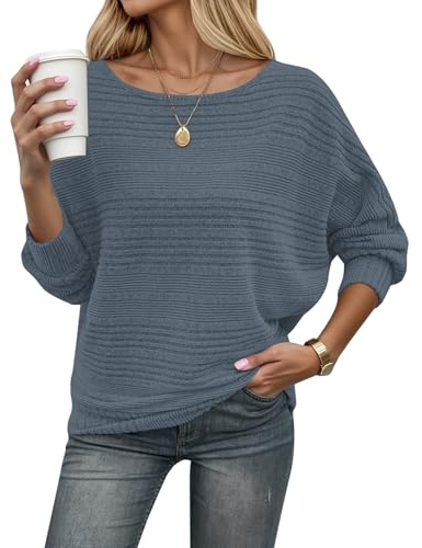 WNEEDU Jersey Mujer Otoño Invierno Ligero Punto con Hombros Descubiertos Mangas de MurciéLago Cuello Barco Elegante Suéter Azul Grisáceo M