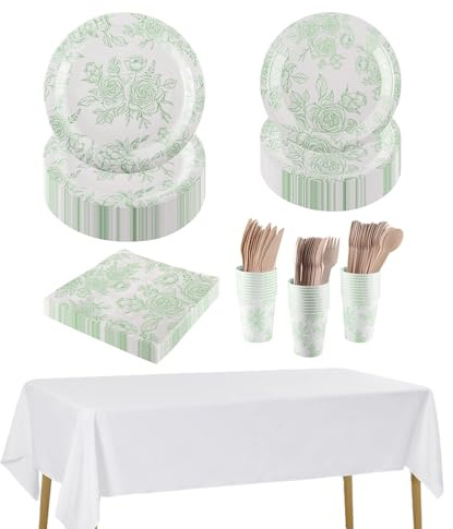 CEILIWEN Juego de vajilla de 212 piezas verde salvia floral para fiestas – Juego de vajilla de papel para 30 invitados incluye platos, tazas, servilletas, cubiertos y manteles para elegante tarde al
