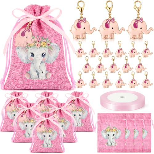 Otuuz 30 Set Bimba Sacchetti Confetti Battesimo per Ospiti delle Feste | 30 Sacchettini Lino per Battesimo 30 Portachiavi con Elefante 1 Nastro per Feste per Neonati, Battesimi Regali di Nascita