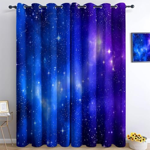 DSRDRFG Sternenhimmel Galaxie Sterne Blickdicht Vorhang Mit Ösen 100x164cm(BxH) Blau-Lila Polyester Modern Verdunkelungsvorhänge Thermo Gardinen Kinderzimmer Wohnzimmer Schlafzimmer, 2er Set