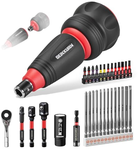 GEINXURN Short Ratchet Screwdriver Set, 2-in-1 Stubby Hand Screwdriver, 1/4” Universal Socket Wrench with Adapter, Mini Ratchet Wrench, Magnetic Multi Bits (PH/PZ/Torx/Hex) and Bit Holder for Repair