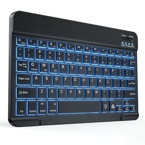 Aicharynic Tastiera Bluetooth per iOS/Android/Windows, Tablet Tastiera Senza Fili con 7 Colori Illuminata, per iPad/iPhone/Samsung/Laptop Ricaricabile, Ultra Sottile Nero