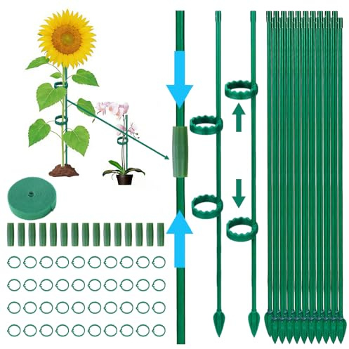 Beafaeur Pflanzenstütze 115 Stück, Rankhilfe Pflanzstab mit 40 Pflanzenclips, 20 Fiberglasstangen, Bindebändern100cm, 15 Verlängerungsrohren, Pflanzen Rankhilfe Tomaten Gurken Blumen Kletterpflanzen