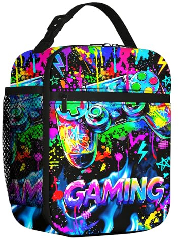 zhongko Gaming Lunch Bag, Insulated Lunch Bag with Side Bottle Holder, Neon Graffiti Lunch Box for Boys, Lightweight Leakproof Thermal Cooler Bags for Work School and Picnic