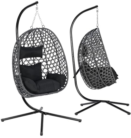 WOLTU Fauteuil Œuf Suspendu, Chaise Hamac Balançoire, avec Support en Métal, Coussin de Siège et Appui-tête, Charge 150 kg, Rotin PE, pour Jardin, Balcon, Terrasse, 102x100x196cm, Noir