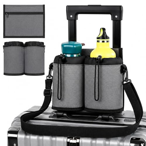 Luggage Travel Cup Holder with Shoulder Strap Free Hand Drink Carrier Carry on Beverage Cup Holder Attachment Fits Roll on Suitcase Handles Business People, Travel Essentials