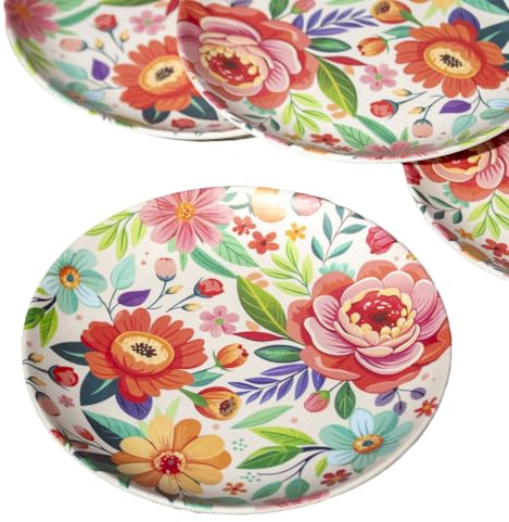 Darthome Set of 4 Melamine Floral Dinner Plates, Multicoloured, Shatterproof, 24.5cm, Dishwasher Safe, Outdoor Dining