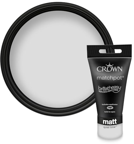 Crown WALLS & CEILINGS Grey White Matt Paint Tester - Sample 40ml | Try Quiet Time before you buy. See the true colour on your wall, in your own light. Low VOC, low odour, breatheasy