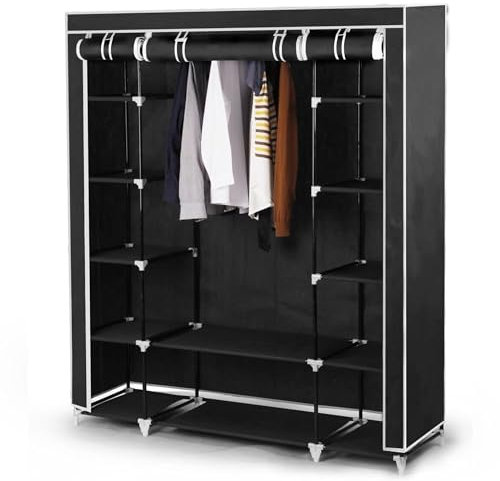 Best For Home XXL 175 x 150 x 45 cm Stoffschrank Kleiderschrank Faltschrank mit Kleiderstange und 11 Regalfächern, inkl. Schutzhülle, viele Aufbauvarianten, CE-Zertifikat schwarz oder grau(Schwarz)