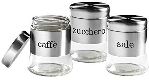 Tris Set 3 BARATTOLI, Porta Sale, Zucchero, caffè, Set BARATTOLI in Vetro e Acciaio Inox, Tris Barattoli 750ml