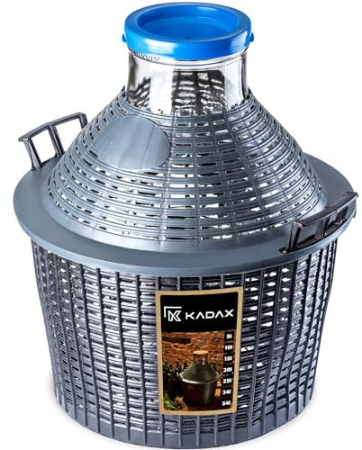 KADAX - Globo de Cristal con Cesta de plástico, Abertura Ancha, tapón de Goma, Globo de fermentación de Vino, Botella de Cristal, gallone, Recipiente de fermentación,Beige, 25l