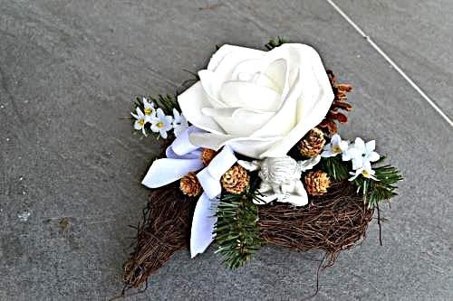 Grabgesteck Herz mit Engel Rose weiß Grabschmuck künstlich Allerheiligen Trauer