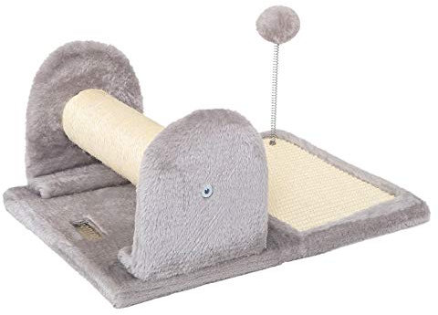 lionto Kratzbaum klein für Katzen mit schwingendem Plüschball & Kratzbrett, 40x30 cm, Katzenbaum mit Sisalseil, weichem Plüsch & robuster Kratzstange, für kleine & große Katzen geeignet, hellgrau