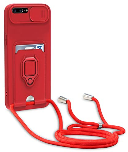 yanasuo Schiebe Kameraschutz Silikon Handykette Hülle kompatibel mit iPhone 8 Plus/7 Plus/6s Plus/6 Plus, Metall Ring Halter Handy Cover,Verstellbarer Halskette Handyhülle-Rot