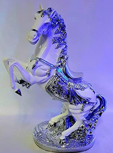 Crystal Crown® Italian Horse Ornament Romany Porcelain 44cm Shelf Sitter Animal Statue Figurine Home Decoration (White+Silver)