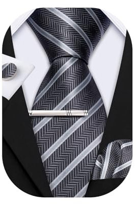 Barry.Wang Herren Seiden-Geschäftskrawatten mit Taschentuch Manschettenknopf-Streifen Plaid-Krawatten-Set Feierliche Hochzeit