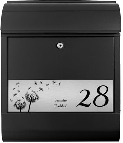 Banjado® Personalisierter Briefkasten Mit Graviertem Namensschild in Silber - Schwarz 39x47x14cm - Mit Hausnummer, Namen & Motiv Pusteblume - Mit Zeitungsfach