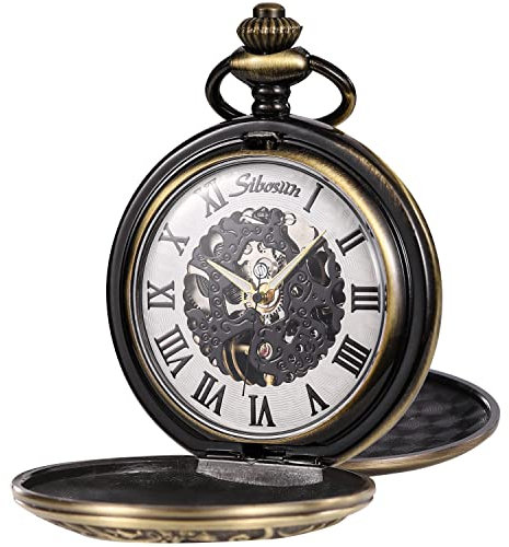 SIBOSUN-Braun Klassisch Vintage Mechanische Taschenuhr graviertem Skelett-Zifferblatt Feines Uhrwerk mit Ziffern für Damen und Herren, mit Box und Kette.
