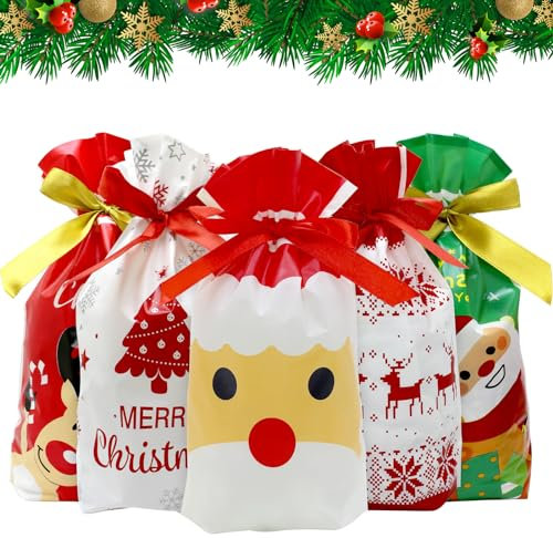 50 Stück Weihnachts-Süßigkeitentüten mit Kordelzug, Leckereien, Beutel für Weihnachten, Geschenkverpackung, Partygeschenk