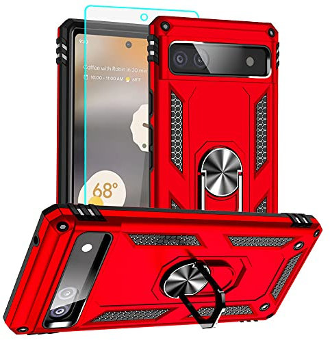 Pixel 6a Hülle, Google Pixel 6A Hülle Metallring Handyhülle & Schutzfolie, Hybrid Case Ständer Stoßstange Handy Hüllen Cover für Google Pixel 6a,Rot