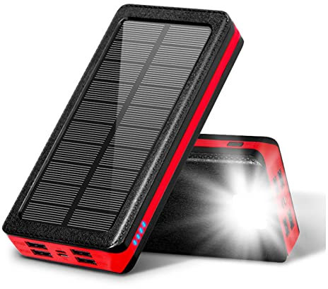 TEUOPIOE Banco de energía Solar 30000mAh Cargador Solar de Gran Capacidad Banco de energía con 4 USB Carga rápida 3 Modos de luz, Rojo