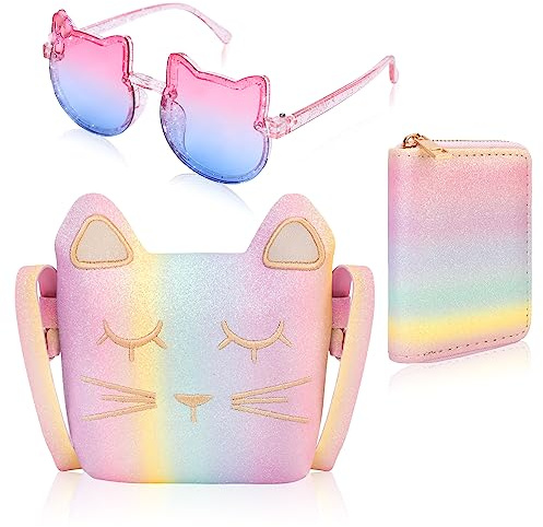 Hifot 3 Stück Umhängetasche Geldbörsen Sonnenbrille für Mädchen, Mini Einhorn Handtasche Katzen Brille für Kleines Mädchen Geburtstag