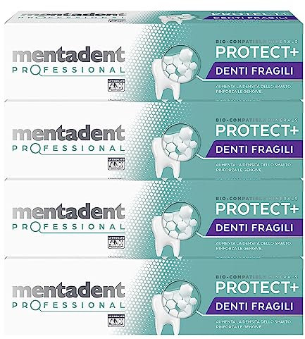 Mentadent Professional Protect+ Denti Fragili Dentifricio Rinforzante con Minerali Biocompatibili e Vitamina E per Denti e Gengive - 4 Flaconi da 75ml