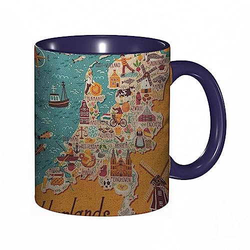 Tasse Keramik Karte der Niederlande Case Dutch Landmarks Holland Food Windmill Blue Yellow Kaffeetassen Große 330ml Mit Henkel 100% Handbemalt Trinkgläser Mit Griff Personalisierte Geschenk