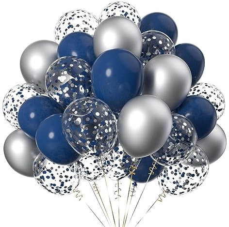 12 Zoll Silber Marineblau Helium Latex LuftBallons,Ballons mit Silber und Blau Konfetti für Partys Dekoration-50 Stück