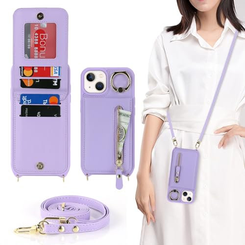 Zouzt for iPhone 13/14 Case with Cord and Card Holde, Zipper Wallet Case with Crossbody Lanyard Ring Adjustable Necklace Protective Cover Women for iPhone 13/14 6.1 Inch - Purple