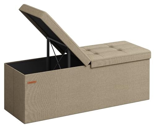 SONGMICS Sitzbank mit Stauraum, klappbare Sitztruhe, Aufbewahrungsbox, 38 x 110 x 38 cm, Deckel klappbar, bis 300 kg belastbar, für Flur, Wohnzimmer, Schlafzimmer, Kamelbraun LSF076K01