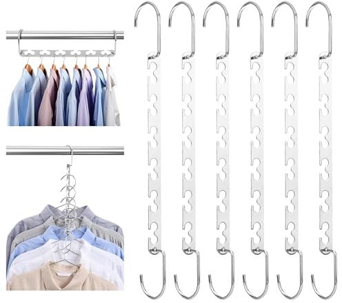 6 Stück Platz Max Kleiderbügel, 26CM Kleiderbügel Platzsparend Metall, Platzsparende Kleiderbügel Silber, Multipurpose Hanger kann 12 Kleidungsstücke aufnehmen