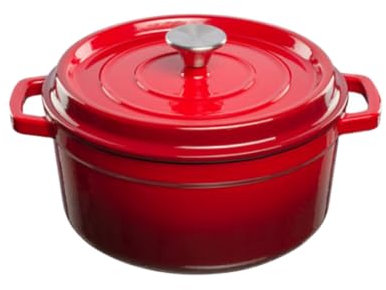 GRAND FEU Marmite en fonte hollandaise - Marmite en fonte émaillée avec couvercle et larges poignées pour la cuisine, la cuisson et le braisage - Capacité de 3.5L, Rouge