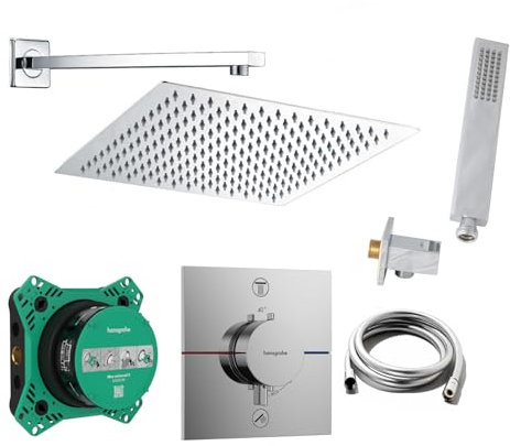 vanvilla Duschsystem mit Unterputz Thermostat Duscharmatur von Hansgrohe Ecostat Comfort E und vanvilla Regendusche mit Armatur, Duschkopf eckig, Dusch-SET HG203 poliert