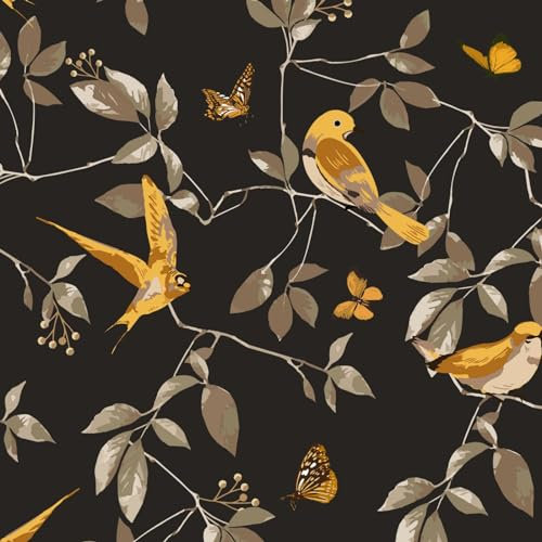 VOLEAAR Papier peint autocollant vintage motif oiseau feuille Boho amovible en vinyle imperméable PVC à coller sur les murs d'armoire Gris foncé Or Jaune 44,5 cm x 300 cm