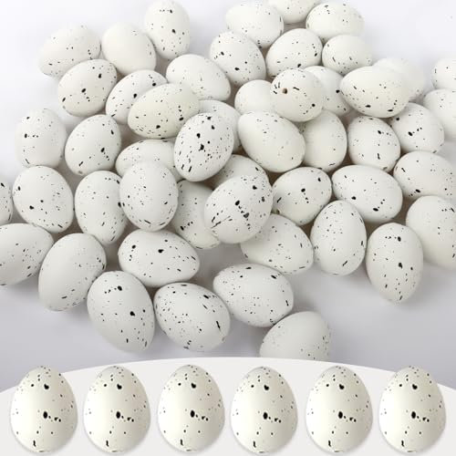 50 Stück Ostereier Dekorative, Osterdekoration Kunststoffeier, Deko Ostereier Plastik, Osterdeko Eier, Gesprenkelte Ostereier, für Ostern Handwerk Liefern, Korbfüller, Ostern Party Zubehör (Weiß)