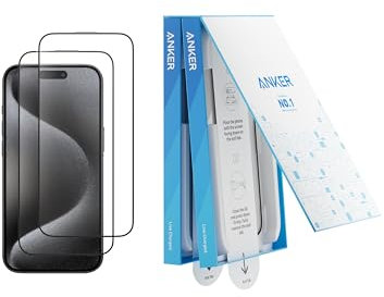Anker Screen Protector for iPhone 15 Pro, Bubble-and-Dust-Free iPhone HD Tempered Glass, Durable and Drop-Proof with 9H Hardness, Easy Installation Exclusively for iPhone 15 Pro (2-Pack)