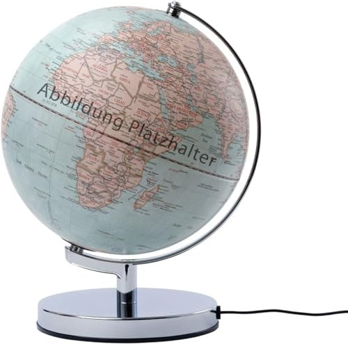 Globus mit 43 cm Durchmesser und Standfuß – APOLLO – verchromter Metallfuß, Gesamthöhe 1,32m – Kartenrelief – zwei bewegliche Achsen – silberfarben – TROIKA Original