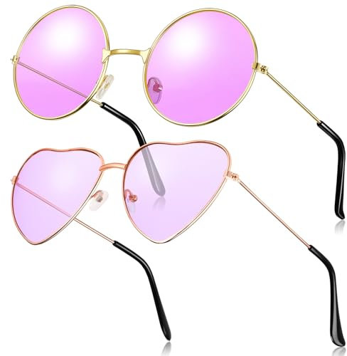Fiada 2 Paires Lunettes de Soleil Hippies Lunettes de Soleil Rétro Lunettes de Soleil Vintage Lunettes de Soleil Rondes et Forme de Cœur pour Déguisement Costume Hommes Femmes (Violet)