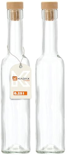 KADAX Lot de 2 bouteilles en verre avec bouchon en liège - Bouteilles à liqueur transparentes à remplir - Bouteilles pour boissons faites maison - Bouteilles de liqueur réutilisables (Belissimo 0,25