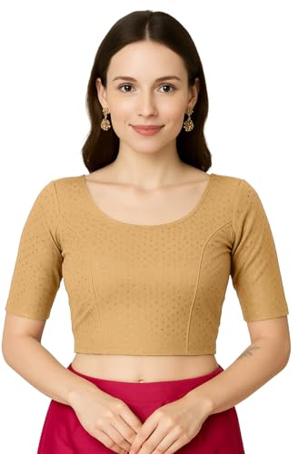 Jaanvi fashion Women's Round Neck Pure Cotton Dobby/Kalamkari Ajrakh Elbow Sleeve Stretchable Readymade Saree Blouse