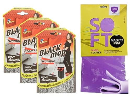 3x Ricambio per ROTOMOP, Black MOP, 100% Microfibra, Piu in Omaggio 1 Panno In Lattice Soft, Super Assorbente e Resistente, Formato 30x30
