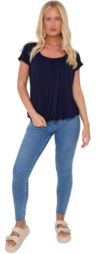 Women’s Plain Gypsy Scoop Neck Elastic Waist Top Cap Sleeve Vest Ladies Loose Fit Top Gathered Pleated Blouse Shirts Elasticated Stretch Summer
