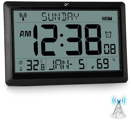 Sukeen LCD Radio Controlled Wall Clock, Digital Wall Clock Battery Operated, 10.6 Desk Clock with Temperature, Humidity, Date, Day, Alarm Clock, DST for Home Kitchen Office School(MSF, UK Version)