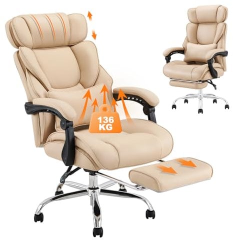 COLAMY Ergonomischer Bürostuhl mit Fußstütze & Lendenkissen - Chefsessel mit Verstellbarer Rückenlehne (90-135°), Hochwertiges Leder, Home Office Chair für Langzeitkomfort, Khaki