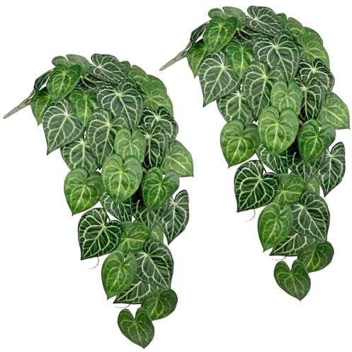 Briful Künstliche Hängepflanzen Set – 2er Pack Kunstpflanzen Hängend mit Anthurium Clarinervium – Grüne Deko für Wohnzimmer, Bad, Balkon – Rankenpflanzen